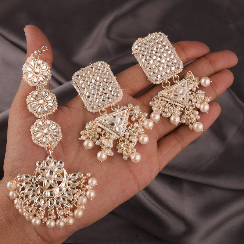 Tehzeeb Creations White Gold Trending Style Drop & Danglers Earring With Tikka For Girls & Women Diamond, Pearl Brass Drops - Distacart