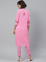 Thumbnail for ADA Women Pink & Red Chikankari Embroidered Sustainable Handloom Kurta with Trousers - Distacart