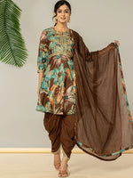Thumbnail for Yufta Cotton Brown Zari_Work Kurta Dhoti Dupatta Set