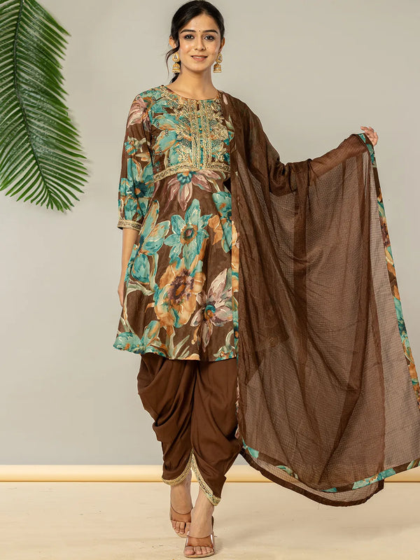 Yufta Cotton Brown Zari_Work Kurta Dhoti Dupatta Set