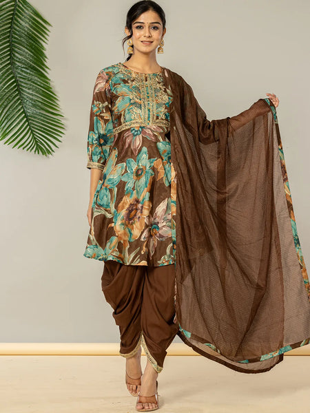 Yufta Cotton Brown Zari_Work Kurta Dhoti Dupatta Set
