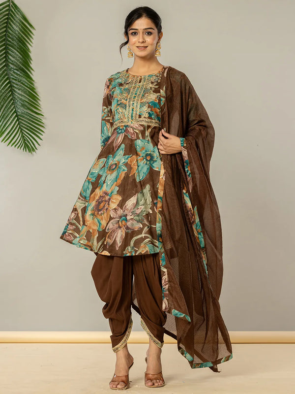 Yufta Cotton Brown Zari_Work Kurta Dhoti Dupatta Set