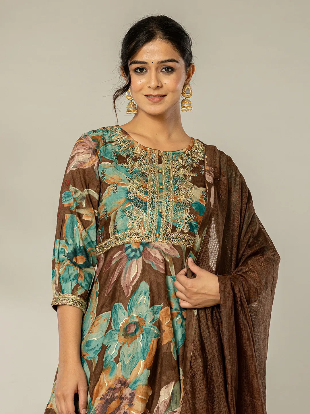 Yufta Cotton Brown Zari_Work Kurta Dhoti Dupatta Set