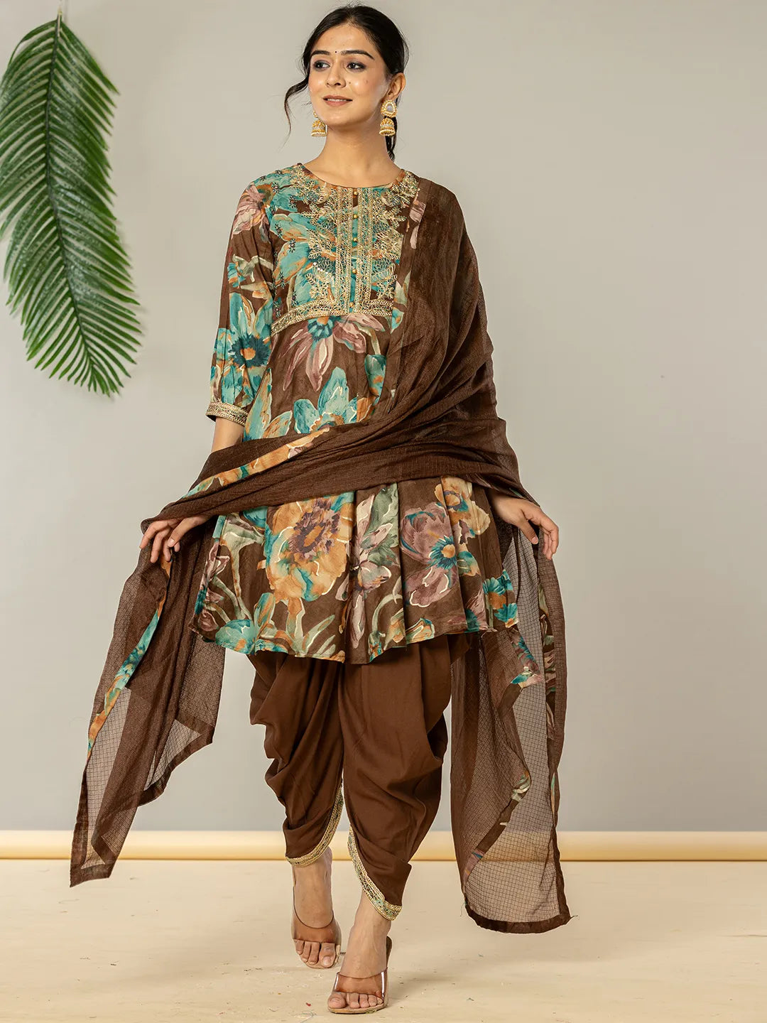 Yufta Cotton Brown Zari_Work Kurta Dhoti Dupatta Set