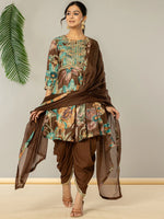 Thumbnail for Yufta Cotton Brown Zari_Work Kurta Dhoti Dupatta Set