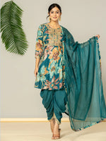 Thumbnail for Yufta Cotton Teal Blue Zari_Work Kurta Dhoti Dupatta Set