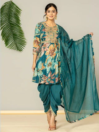 Yufta Cotton Teal Blue Zari_Work Kurta Dhoti Dupatta Set