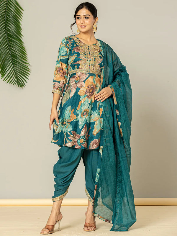Yufta Cotton Teal Blue Zari_Work Kurta Dhoti Dupatta Set