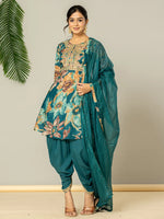 Thumbnail for Yufta Cotton Teal Blue Zari_Work Kurta Dhoti Dupatta Set