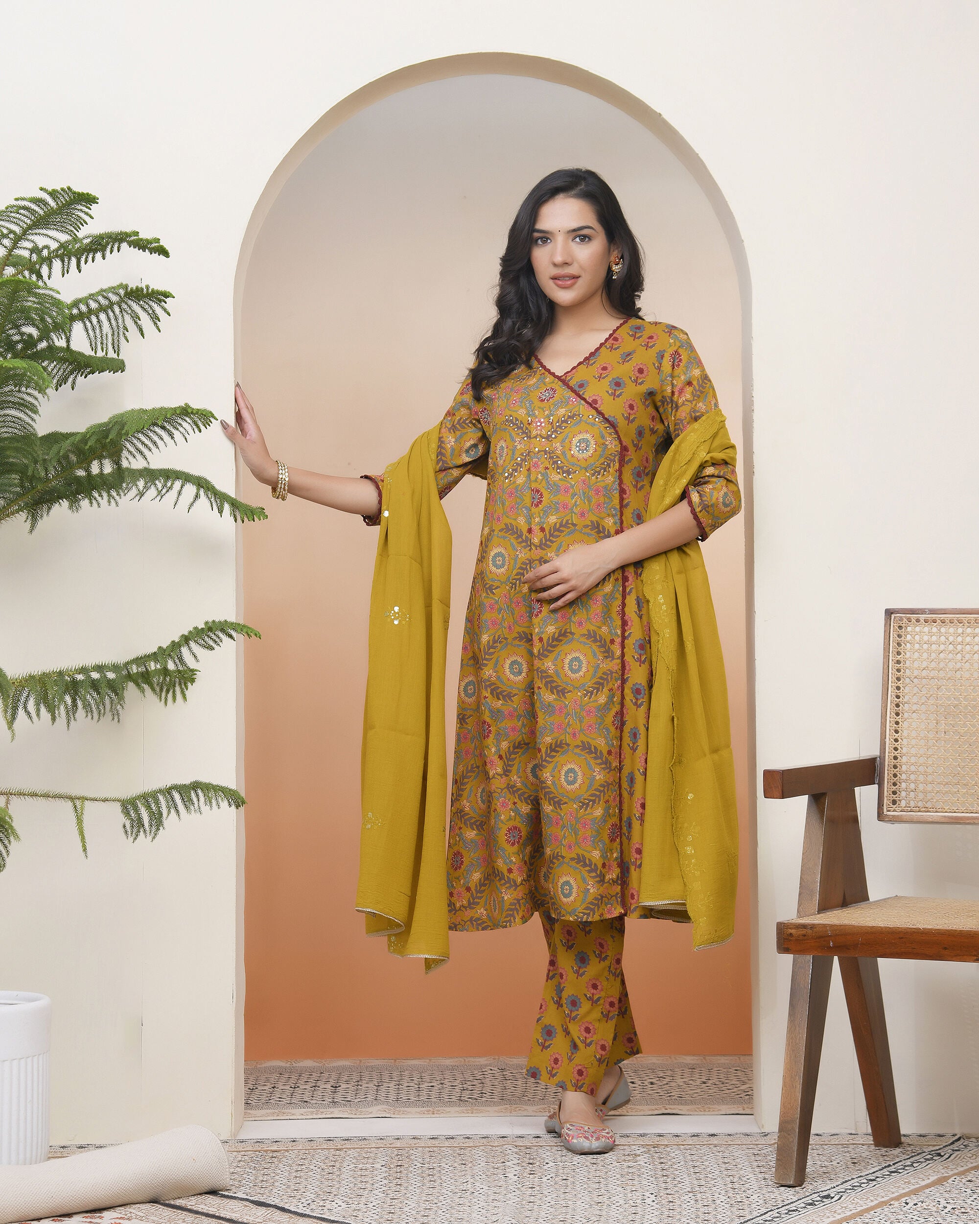 Vaasva Women Mustard Cotton Angrakha Kurta With Cotton Pant & Dupatta
