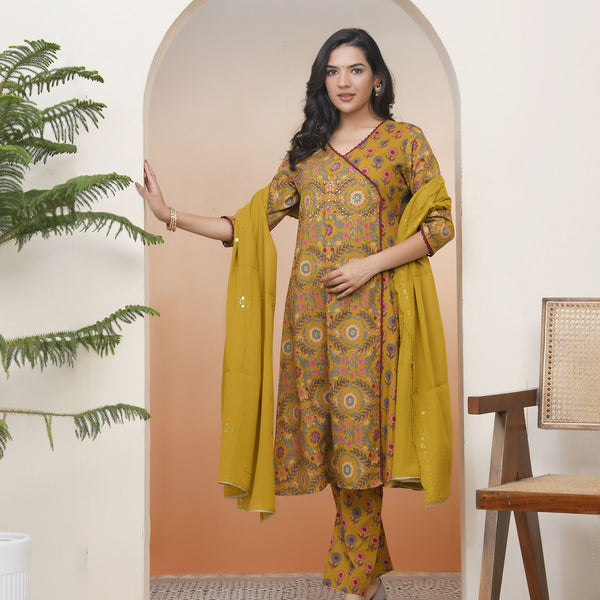 Vaasva Women Mustard Cotton Angrakha Kurta With Cotton Pant & Dupatta