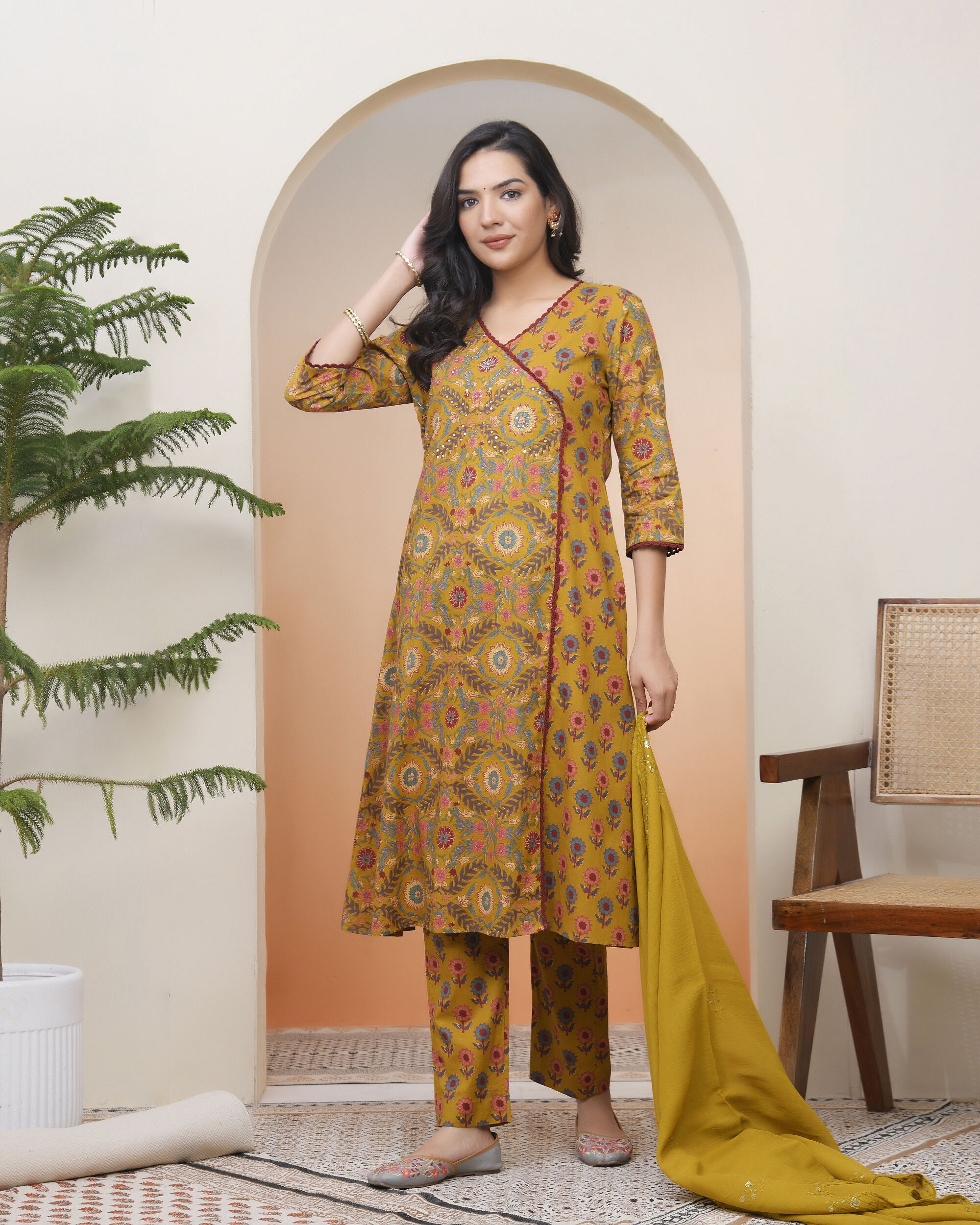 Vaasva Women Mustard Cotton Angrakha Kurta With Cotton Pant & Dupatta