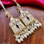 Thumbnail for Tehzeeb Creations Stylish White Pearls Doli-Palki Kundan Earrings With Ear Chain With Tikka - Distacart