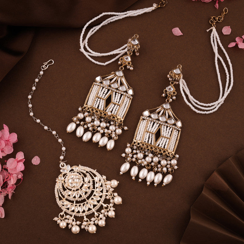 Tehzeeb Creations Stylish White Pearls Doli-Palki Kundan Earrings With Ear Chain With Tikka - Distacart