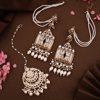 Tehzeeb Creations Stylish White Pearls Doli-Palki Kundan Earrings With Ear Chain With Tikka - Distacart