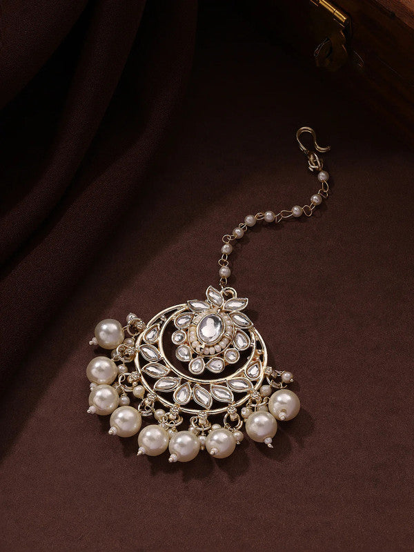 Tehzeeb Creations Stylish White Pearls Doli-Palki Kundan Earrings With Ear Chain With Tikka - Distacart