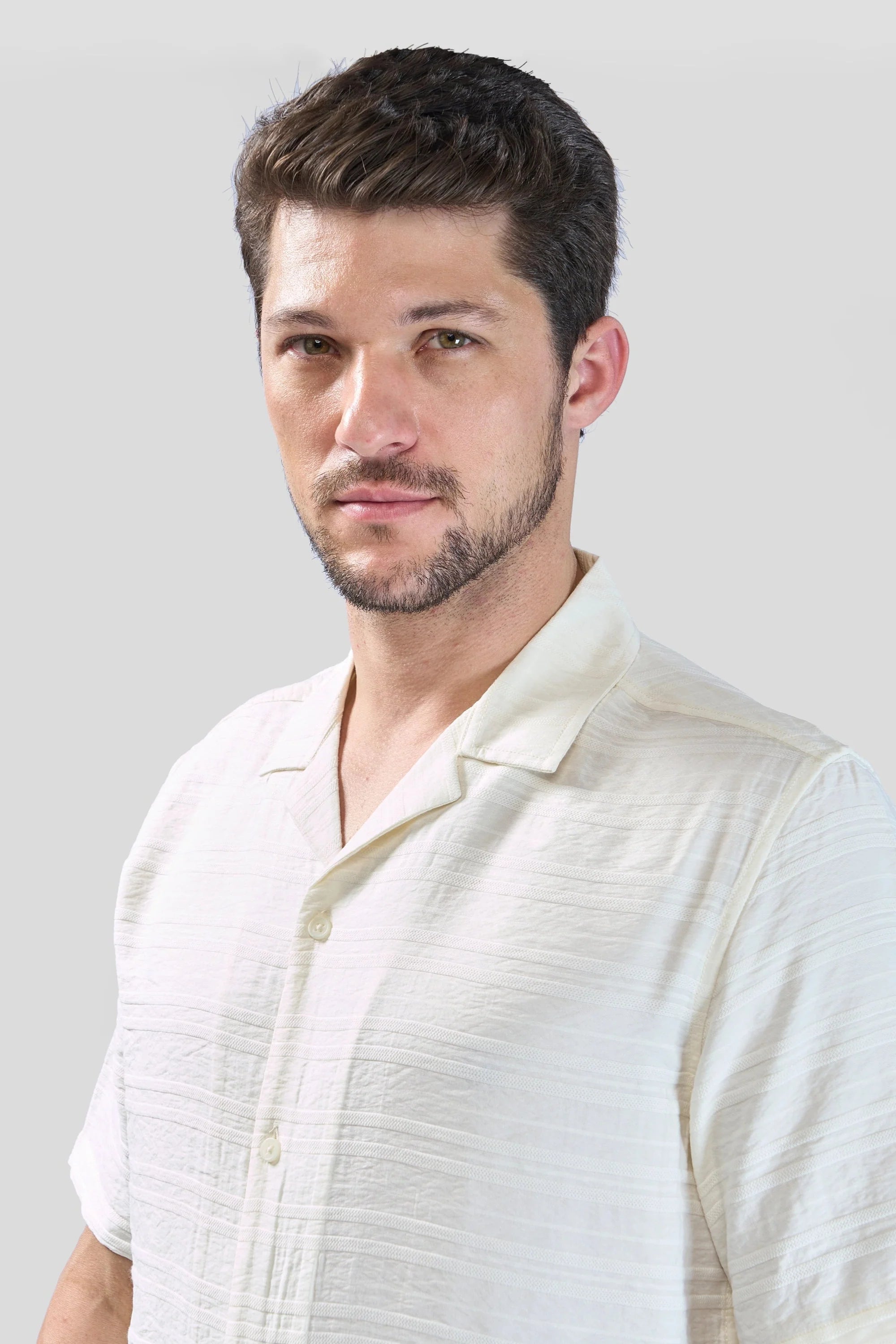 Xkind White Horizontal Pleated Stripes Relaxed Fit Shirt