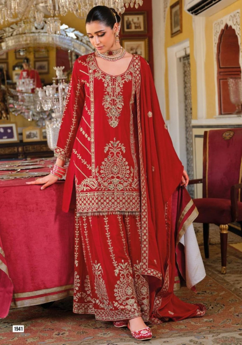 Anaita Red Chinon Stitched Suit With Embroidery Work - Dista