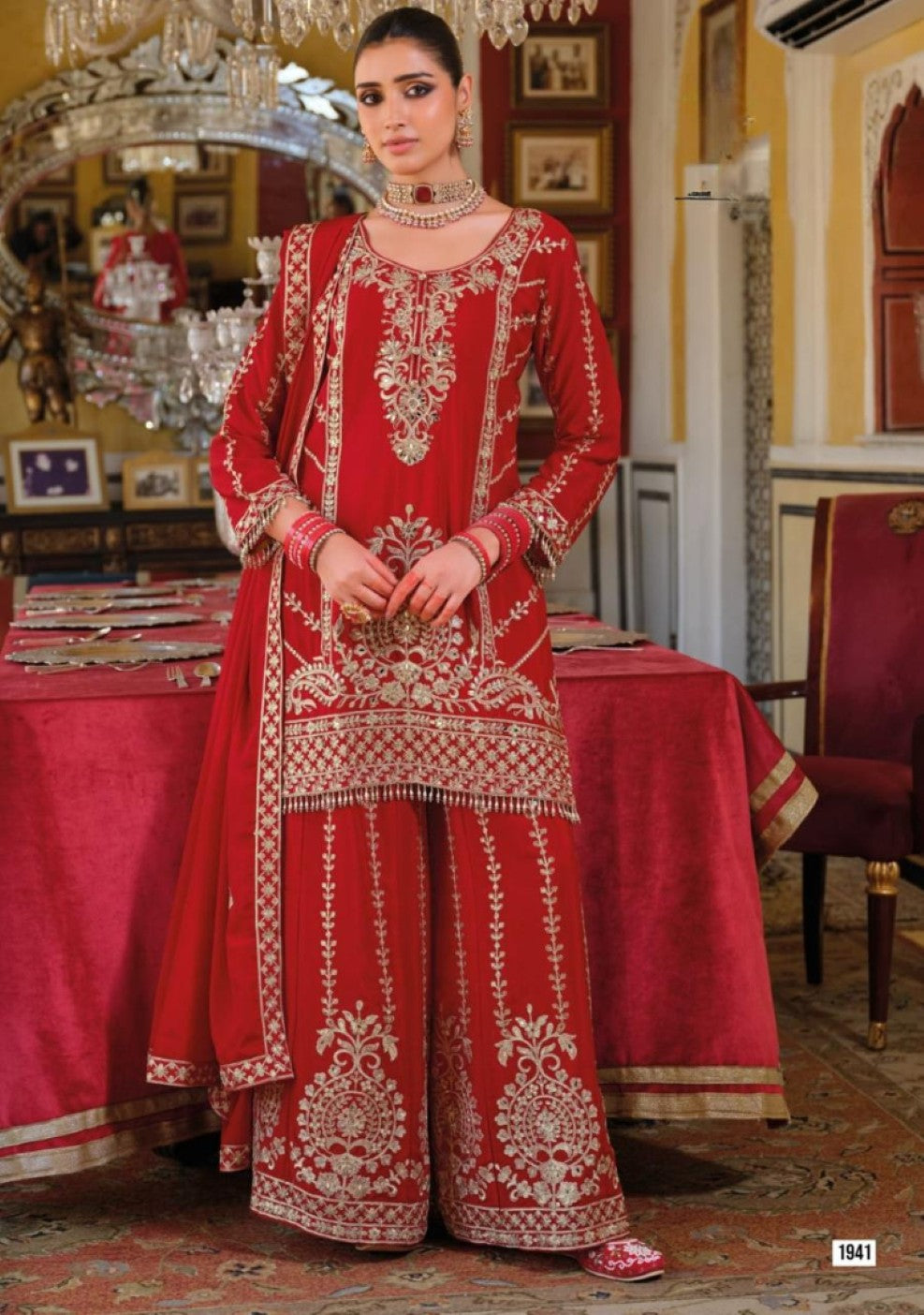 Anaita Red Chinon Stitched Suit With Embroidery Work - Dista