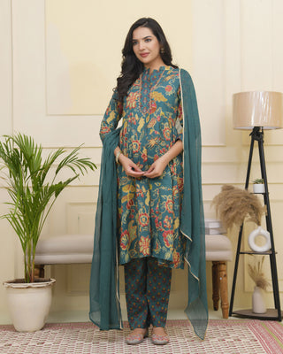 Vaasva Women Dark Sea Cotton Gathered Kurta With Cotton Pant & Dupatta