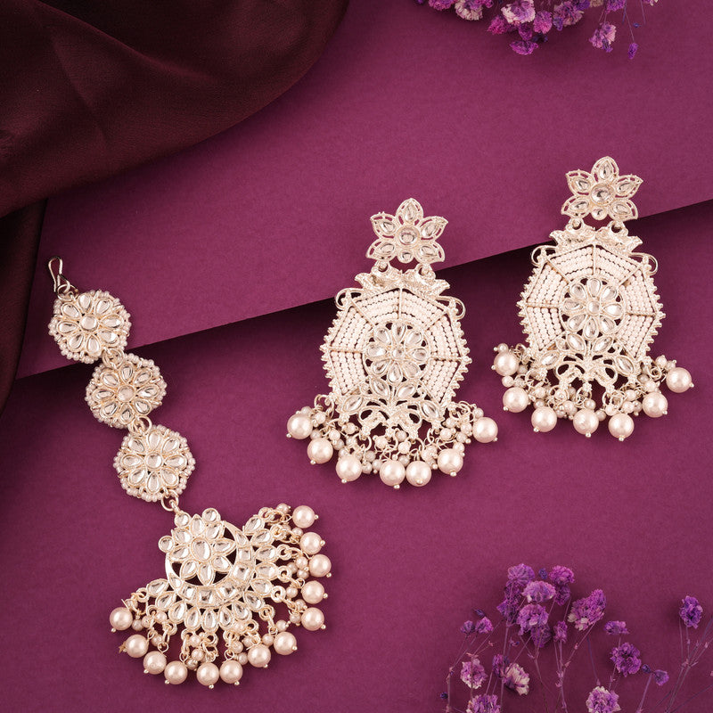 Tehzeeb Creations Fashionable Gold Earrings And Tikka Studded With Kundan And Pearl - Distacart