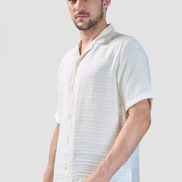 Xkind White Horizontal Pleated Stripes Relaxed Fit Shirt