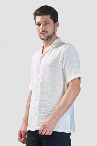 Xkind White Horizontal Pleated Stripes Relaxed Fit Shirt
