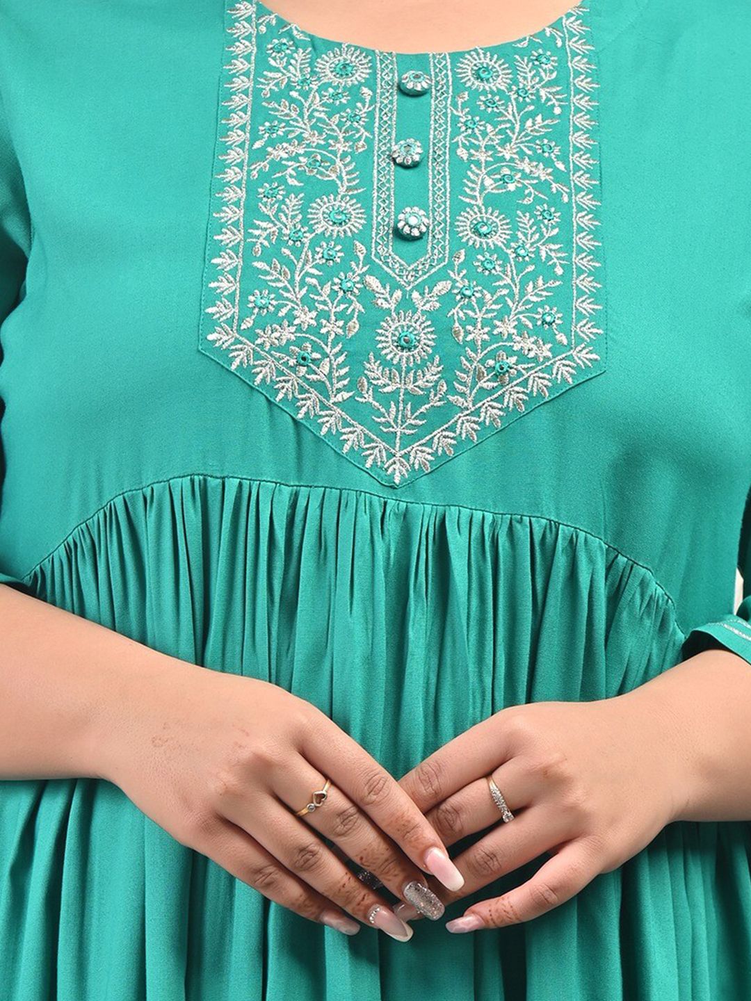 Swasti Plus Size Round Neck Gathered Ethnic Motifs Embroidered Gown Dress - Distacart