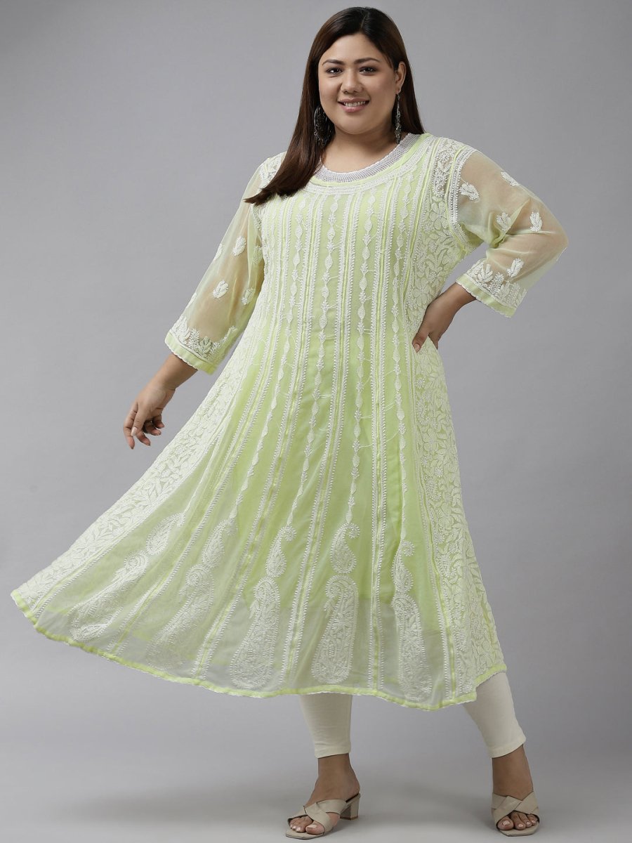 ADA Women Lime Green & White Ethnic Motifs Plus Size Chikankari Georgette Anarkali Kurta - Distacart