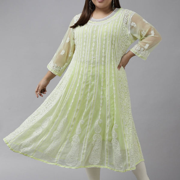 ADA Women Lime Green & White Ethnic Motifs Plus Size Chikankari Georgette Anarkali Kurta - Distacart