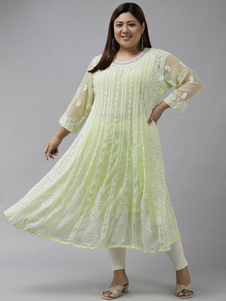 ADA Women Lime Green & White Ethnic Motifs Plus Size Chikankari Georgette Anarkali Kurta - Distacart