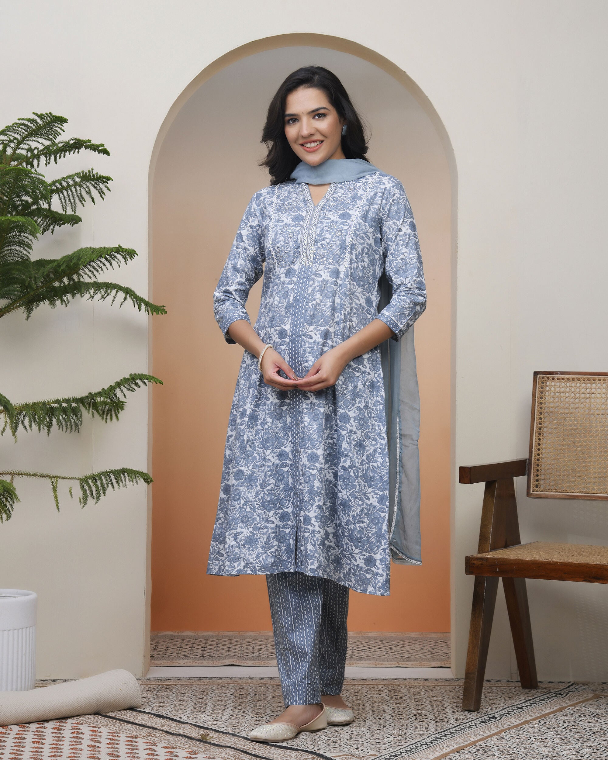 Vaasva Women Grey Panel Kurta With Cotton Pant & Dupatta