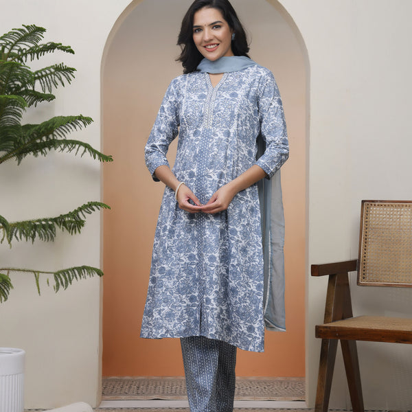 Vaasva Women Grey Panel Kurta With Cotton Pant & Dupatta