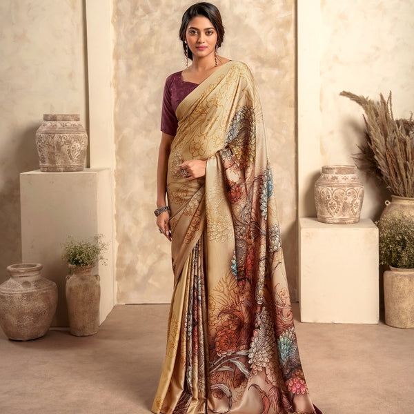Anaita Dark Cream Soft Satin Silk With Zari Weaving Saree With Blouse - Distacart
