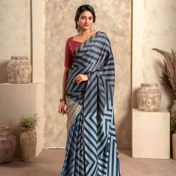 Anaita Dark Navy Blue Soft Satin Silk With Zari Weaving Saree With Blouse - Distacart