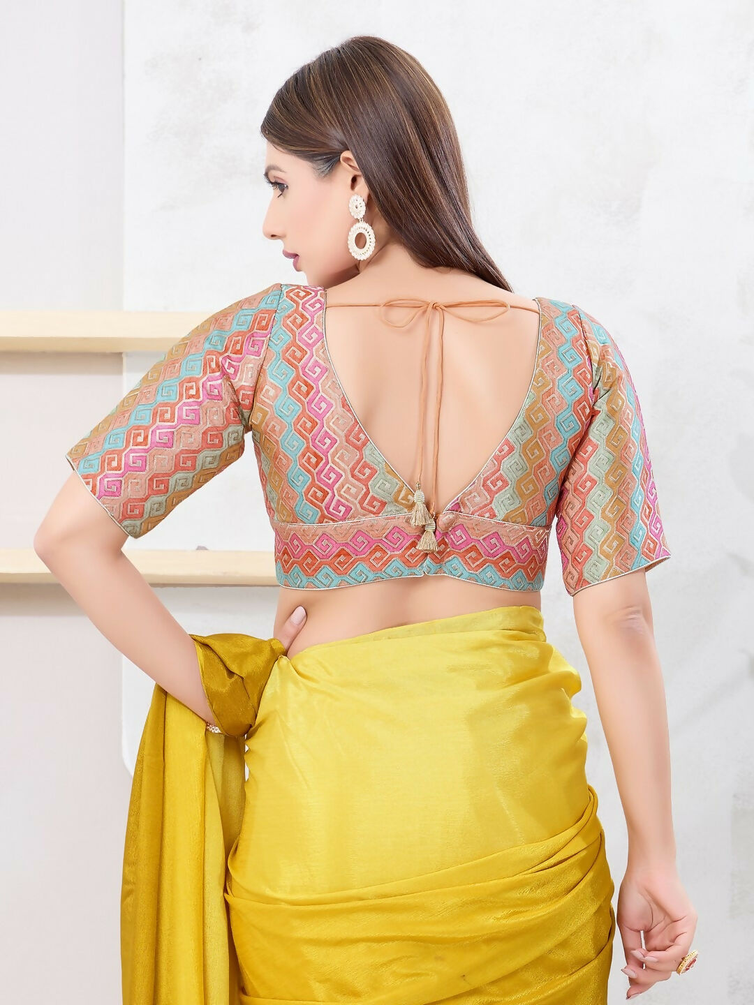 Joban Fashion Peach Brocade Elbow Sleeveless Back Open Blouse