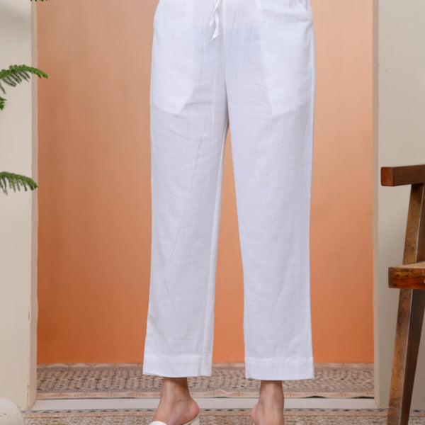 Vaasva Women Whitel Cotton Flax Solid Straight Pants