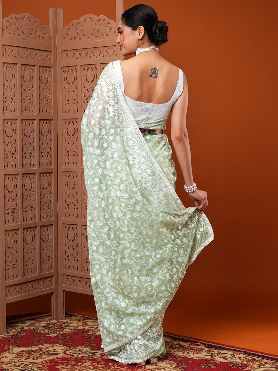 Anouk Green Floral Embroidered Organza Saree - Distacart