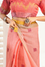 Thumbnail for Joban Fashion Peach Ikkat Linen Ready To Wear Saree With Unstitched Blouse - Distacart