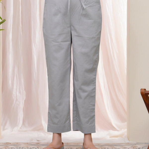 Vaasva Women Grey Cotton Flax Solid Straight Pants
