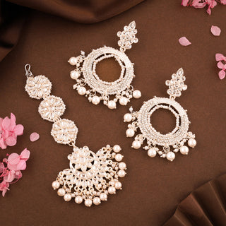 Tehzeeb Creations Gold Drop & Danglers Earring With Tikka For Women & Girls Diamond, Pearl Brass Drops & Danglers - Distacart