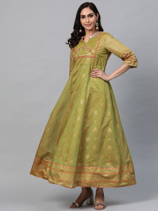 AURELIA Women Green & Golden Printed Maxi Dress - Distacart