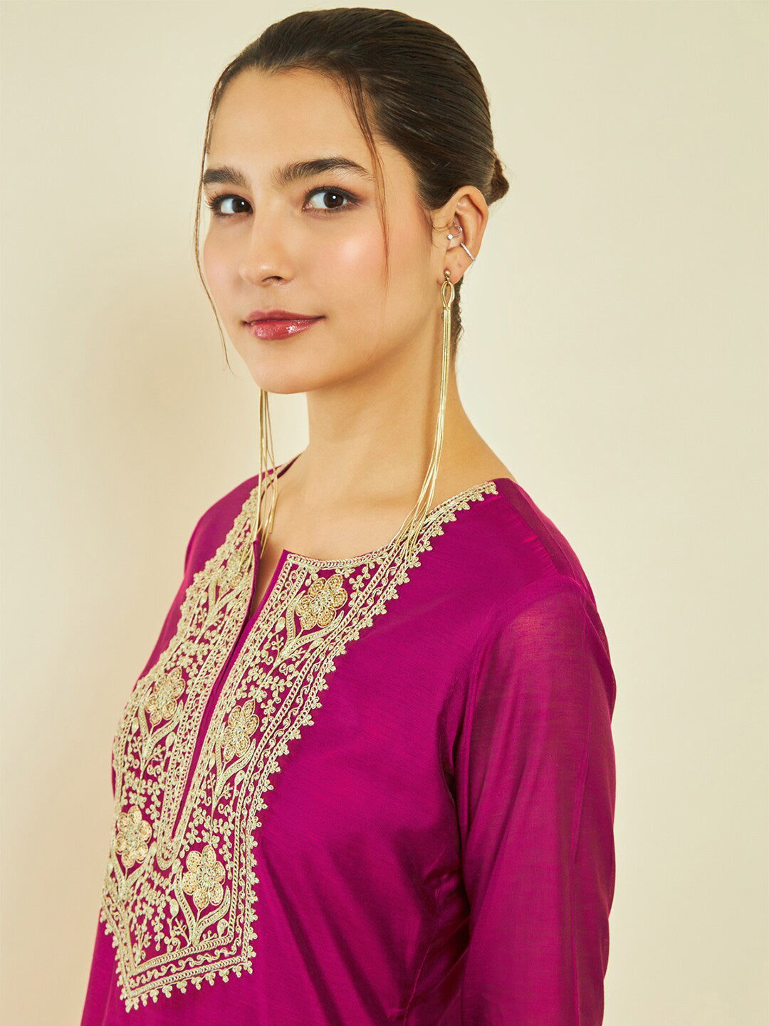 Soch Ethnic Motifs Yoke Design Notched Neck Thread Work Chanderi Silk Straight Kurta - Distacart