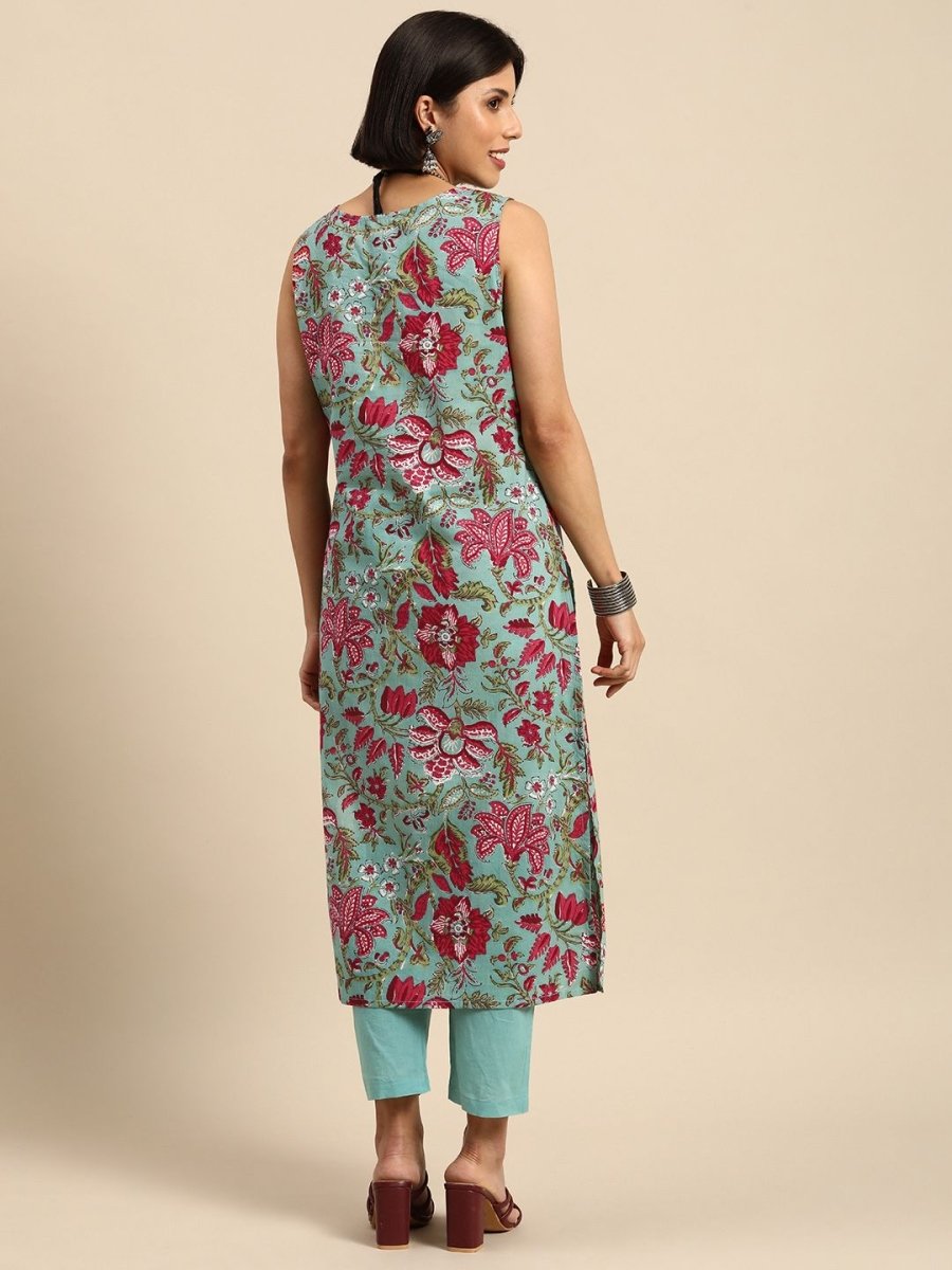 Anouk Women Turquoise Blue Floral Printed Pure Cotton Kurta with Trousers - Distacart