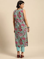 Thumbnail for Anouk Women Turquoise Blue Floral Printed Pure Cotton Kurta with Trousers - Distacart