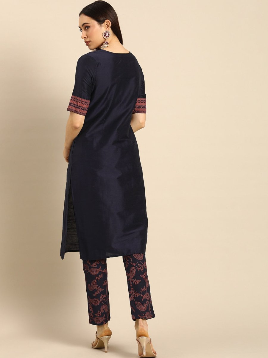 All About You Women Navy Blue Ethnic Motifs Printed Regular Kurta with Printed Trousers - Distacart