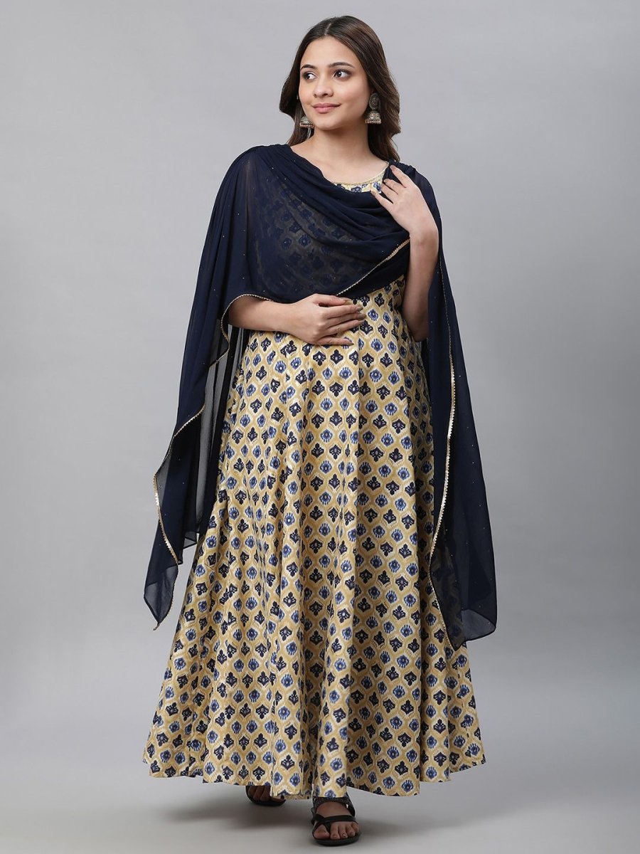 AURELIA Ethnic Motifs Printed A-line Maxi Ethnic Dress With Attached Dupatta - Distacart