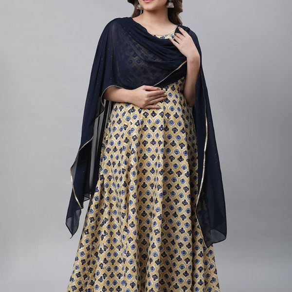 AURELIA Ethnic Motifs Printed A-line Maxi Ethnic Dress With Attached Dupatta - Distacart