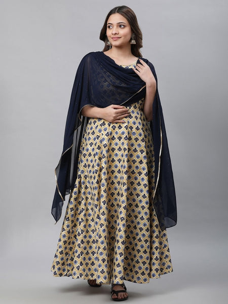 AURELIA Ethnic Motifs Printed A-line Maxi Ethnic Dress With Attached Dupatta