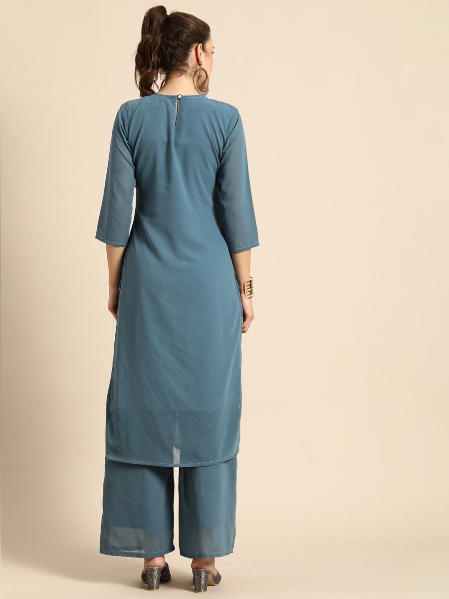 All About You Women Grey Ethnic Motifs Embroidered Regular Chikankari Kurta with Palazzos - Distacart
